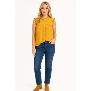Women's J.CREW XXS Mustard Yellow Ruffle Neck Sleeveless Blouse